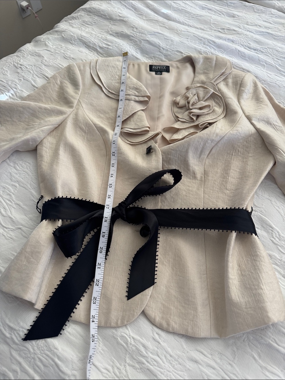 Adrian Papell Cream Peplum Jacket with Black Ribbon Waist Tie 3/4 sleeves